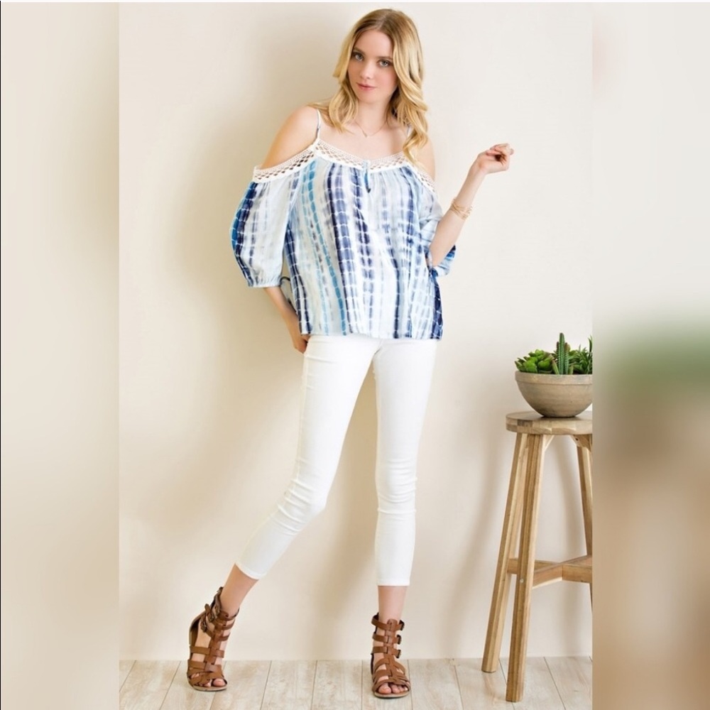 Blue and White Tie Dye Cold Shoulder Top